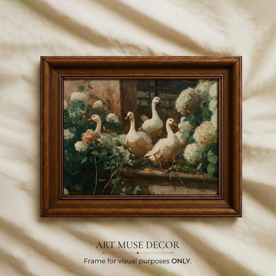 Goose & Hydrangea Garden Oil Painting Print: Vintage Floral Wall Art ...