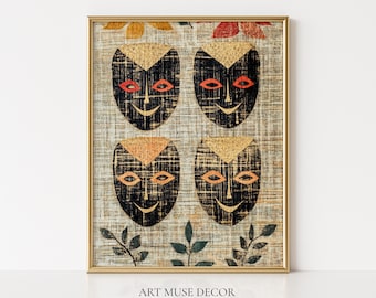Korean Folk Art Print: Minhwa Mask Inspired Tapestry, Antique Textile Wall Art