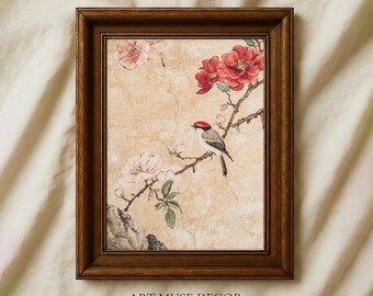 Impressão artística do pássaro Minhwa: Giclée em estilo de tapeçaria coreana vintage
