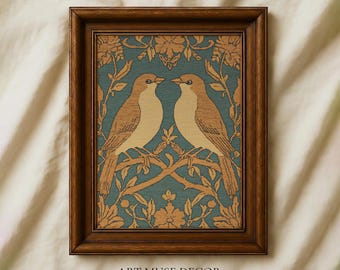Lovebirds Tapestry Print: Vintage Botanical Folk Art Wall Hanging