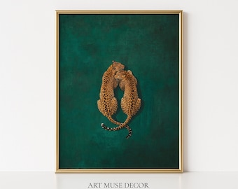 Leopard Love Smaragdgrün Print: Minimalistisches Dschungeltier Poster, Raubkatze Wandkunst