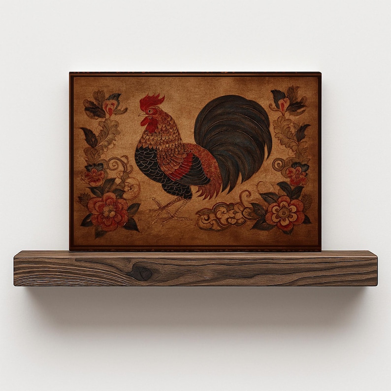 Earth Rooster Chinese Zodiac Textile Print: Antique Folk Art, Primitive Animal Decor image 10
