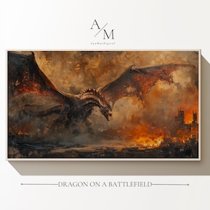 Epic Dragon Over Burning City Wall Art Print Medieval Fantasy World Oil Painting Office Decor Gift For Fantasy Lover Gift For Boyfriend