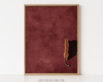 Gepard Print: Rot Minimalistische Dschungel Tier Wand Kunst, Ruhige Luxus Wohnung Dekor