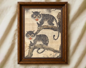 Tiger Folk Art: Minhwa Inspired Tapestry Print, Antique Textile Decor
