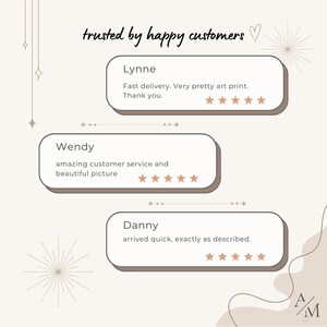 Puede incluir: Un gr&aacute;fico beige con el texto trusted by happy customers y tres rese&ntilde;as de clientes con calificaciones de cinco estrellas. Las rese&ntilde;as son de Lynne, Wendy y Danny, cada una con comentarios breves sobre la entrega y la calidad del producto.