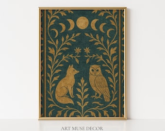 Folk Fox and Owl Moon Phase Art Print: Vintage Botanical Cottagecore