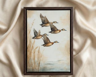 May include: A framed rectangular wall art piece featuring a painting of four ducks in flight over a body of water with tall reeds. The artwork is enclosed in a dark brown wooden frame. The text ART MUSE DECOR is printed at the bottom.