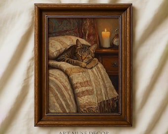 Dipinto a olio rustico raffigurante un gatto soriano addormentato: decorazione da letto vintage, arte murale vittoriana