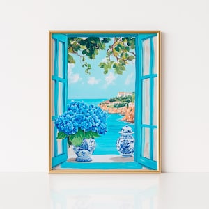 Blue Hydrangea Mediterranean Window View Print, Hydrangea Art Print, Hydrangea Painting, Botanical Cottagecore Decor, Coastal Floral Art