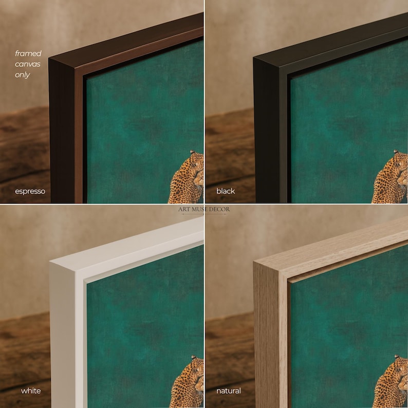 Puede incluir: Arte en lienzo enmarcado con un leopardo sobre un fondo verde azulado. La imagen muestra cuatro opciones de color de marco: espresso, negro, blanco y natural. El texto "ART MUSE DECOR" es visible.