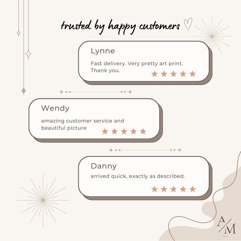 The image is a collage of three customer reviews for a company, with each review expressing satisfaction with the company's customer service and the quality of their art print.