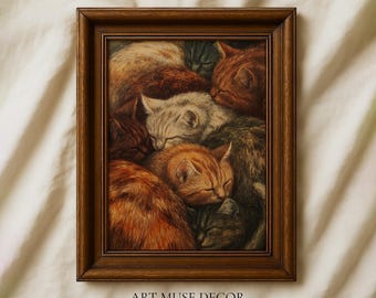 Stampa a olio di gatti addormentati: decorazione vintage Catcore, arte murale vittoriana