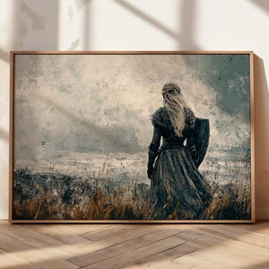 Shieldmaiden Wall Art Norse Warrior Woman Print Viking Heroine Painting Feminist Strength Office Decor Nordic Landscape Gift for Her Home