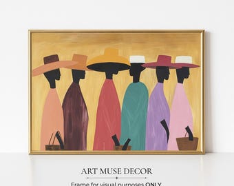 May include: A framed art print featuring a stylized painting of six figures in colorful robes and hats. The figures are silhouetted against a gold background. Each figure holds a basket or container. The text "ART MUSE DECOR" is at the bottom.
