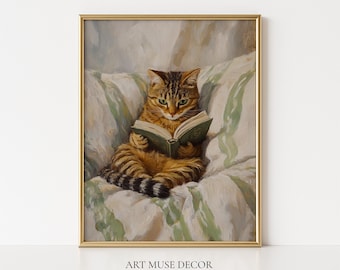 Tabby Cat Reading Print: Whimsical Pet Portrait, Vintage Oil Painting