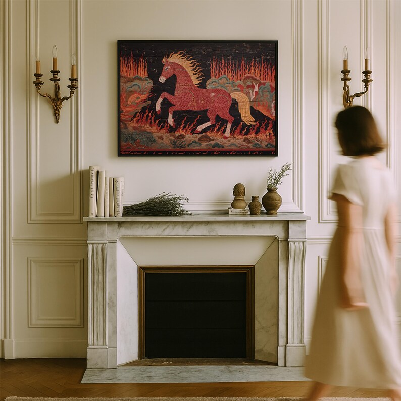 Antique Fire Horse Painting: Vintage Chinese Zodiac Print, Primitive Equestrian Decor bild 7