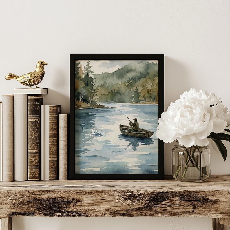 Rustic Fisherman Painting: Vintage Lake Cabin Print, Hunting Wall Art image 8