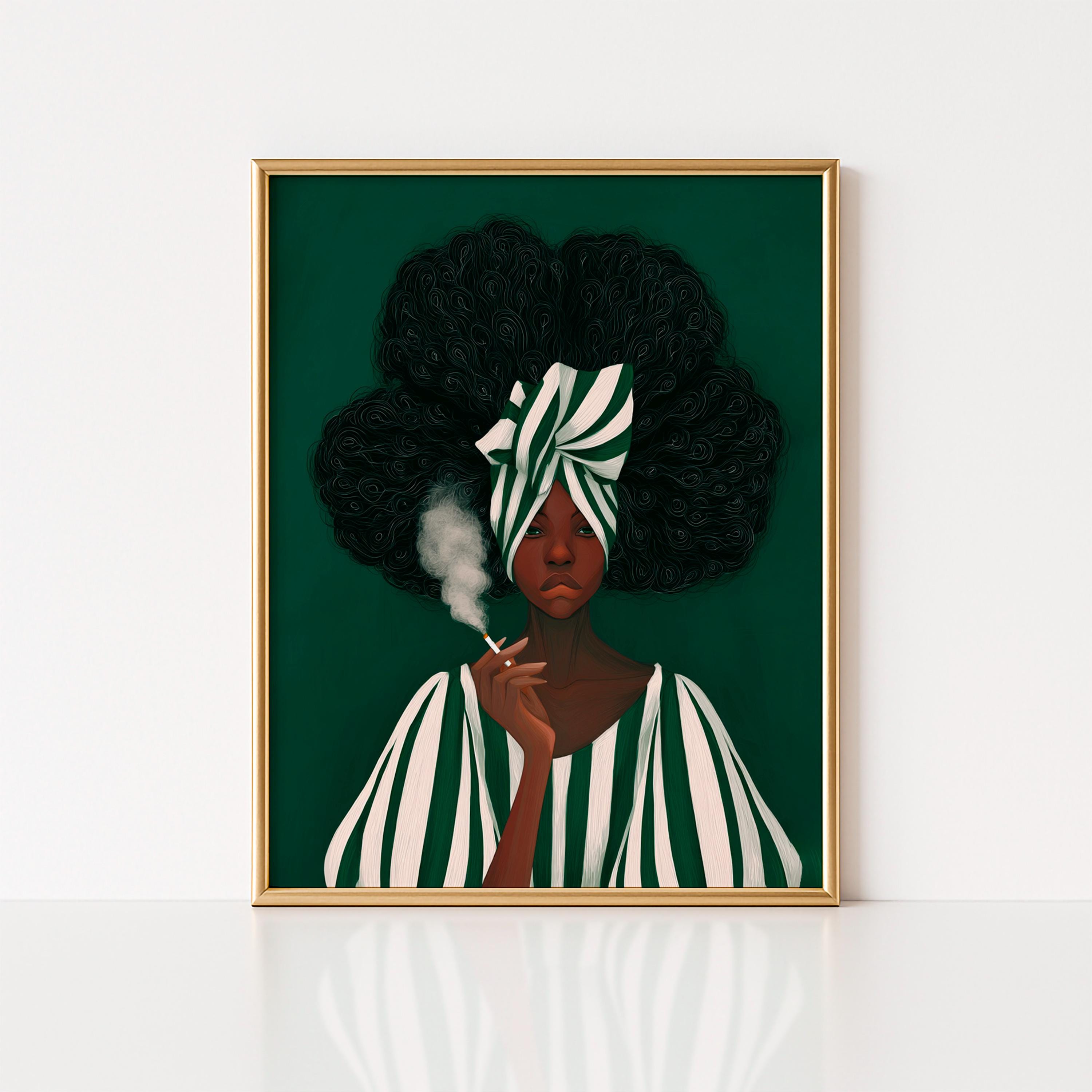 Emerald Green Woman Art Print: Afro Headwrap, Japandi Office 