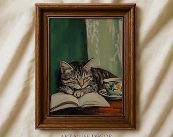 Sleepy Tabby Cat Painting Print: Cozy Reading Nook Wall Art, Pet Portrait