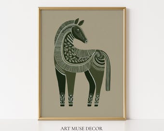 May include: Framed art print featuring a stylized horse illustration in shades of green and black, with intricate decorative patterns. The artwork is set against a neutral background and framed in gold. Text at the bottom reads "ART MUSE DECOR" and "Frame for visual purposes ONLY."