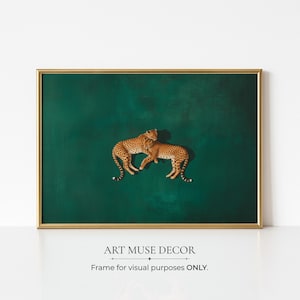 Impresión verde esmeralda de un guepardo enamorado: póster minimalista de animales, arte mural de moda