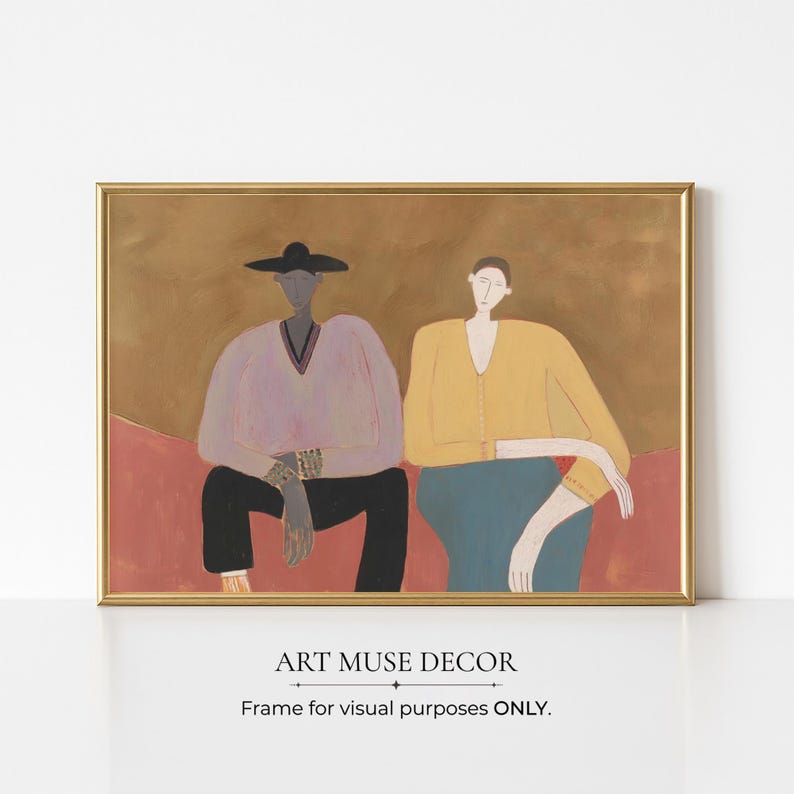May include: A framed art print featuring two figures against a brown background. The left figure wears a wide-brimmed black hat, a light purple V-neck top, and black trousers. The right figure wears a yellow cardigan and blue trousers.