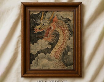 Korean Dragon Folk Art Print: Minhwa Inspired Tapestry, Antique Textile Wall Art