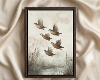 May include: A framed wall art print featuring a watercolor illustration of five brown birds in flight over a marshy landscape with tall grasses. The artwork is enclosed in a dark brown wooden frame, and the text ART MUSE DECOR is visible at the bottom.