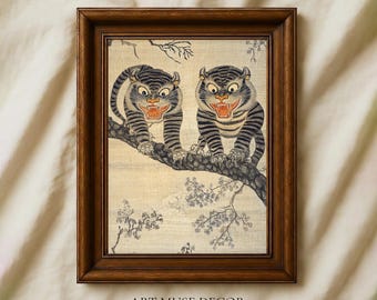Minhwa Tigers Tapestry Print: Korean Folk Art Inspired Wall Art, Antique Textile Decor