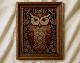 Owl Folk Art Tapestry Print: Bird Botanical Painting, Vintage Cottagecore Decor