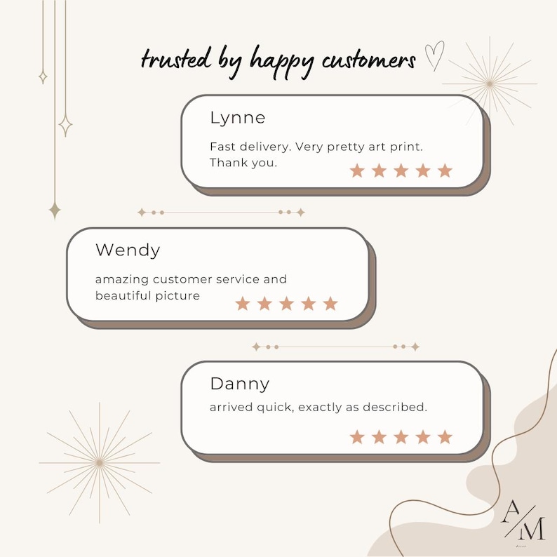 May include: A beige graphic featuring the text trusted by happy customers and three customer reviews with five-star ratings. The reviews are from Lynne, Wendy, and Danny, each containing short feedback about delivery and product quality.