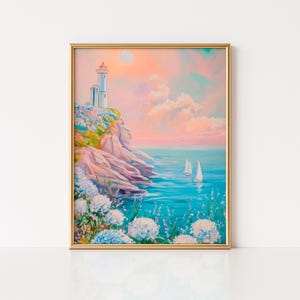 Lighthouse Coastal Wall Art, Blue Hydrangea Cottagecore Print, Beach House Seaside Painting, Nautical Home Decor, Coastal Floral Landscape