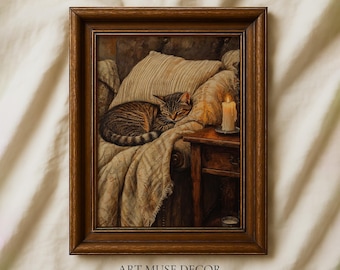 Stampa a olio raffigurante un gatto soriano addormentato: decorazione da letto vintage, arte murale vittoriana