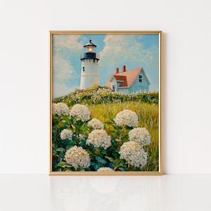 Lighthouse Coastal Wall Art, White Hydrangea Cottagecore Print, Beach House Seaside Painting, Nautical Home Decor, Coastal Floral Landscape