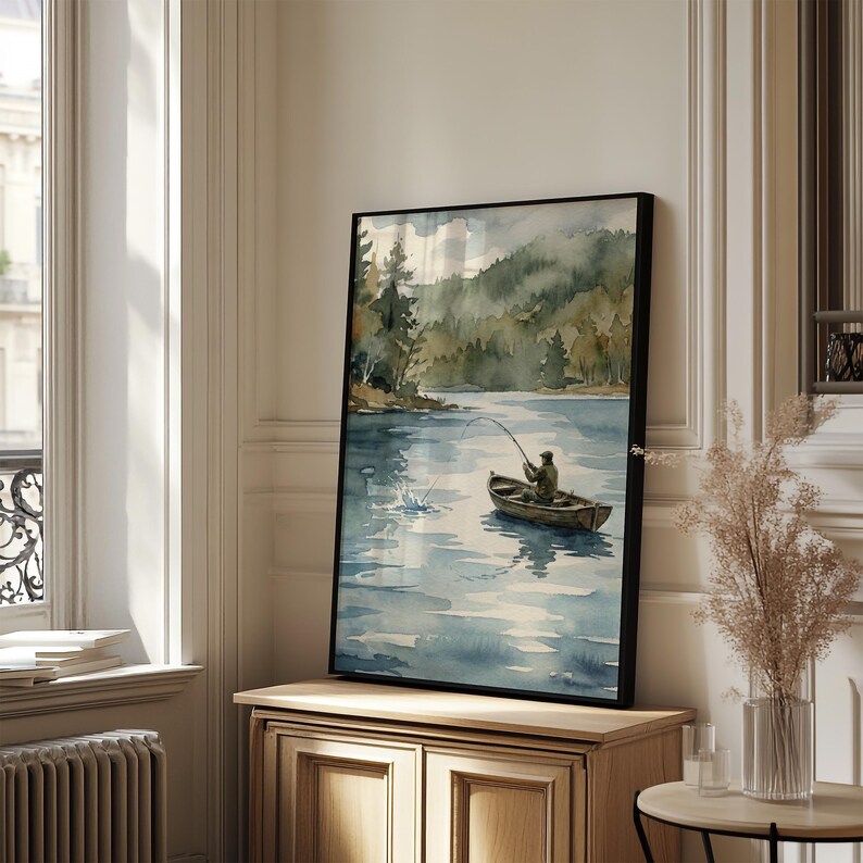 Rustic Fisherman Painting: Vintage Lake Cabin Print, Hunting Wall Art image 7