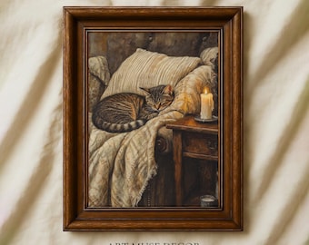 Sleeping Tabby Cat Oil Painting Print: Vintage Above Bed Decor, Victorian Wall Art