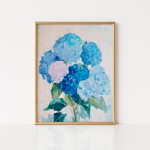Blue Hydrangea Bouquet Painting Print, Vintage Hydrangea Artwork, Hydrangea Oil Painting, Botanical Cottagecore Decor, Farmhouse Floral Art