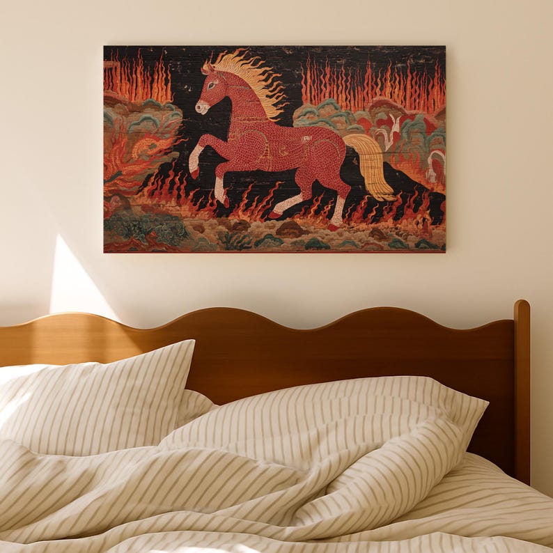 Antique Fire Horse Painting: Vintage Chinese Zodiac Print, Primitive Equestrian Decor bild 11