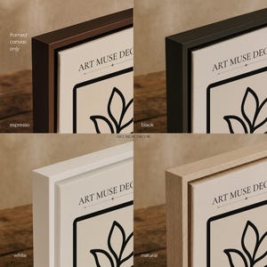 Puede incluir: Una muestra de cuatro paneles que exhibe lienzos enmarcados con acabados en madera espresso, negro, blanco y natural. Cada marco contiene un lienzo color crema con un dise&ntilde;o de hojas en l&iacute;neas negras y el texto ART MUSE DECOR impreso.