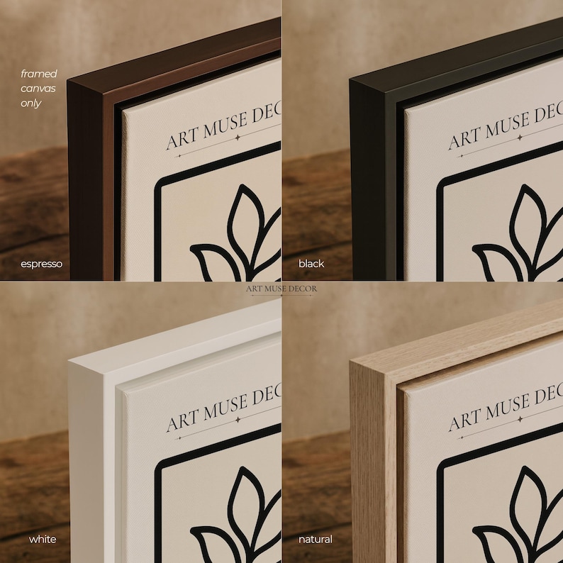 Puede incluir: Una muestra de cuatro paneles que exhibe lienzos enmarcados con acabados en madera espresso, negro, blanco y natural. Cada marco contiene un lienzo color crema con un dise&ntilde;o de hojas en l&iacute;neas negras y el texto ART MUSE DECOR impreso.