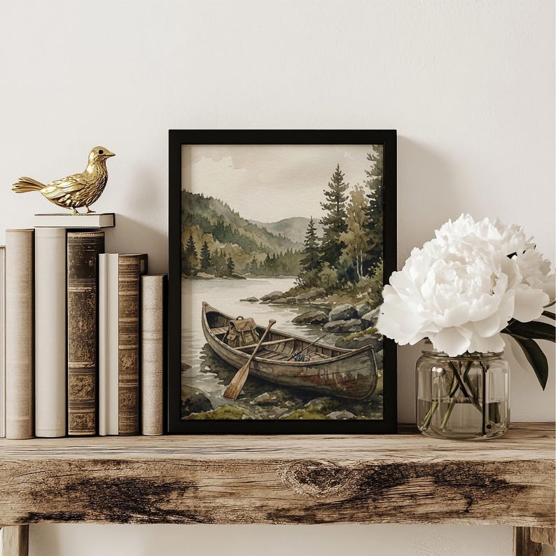 Vintage Fisherman Boat Painting: Rustic Lake Cabin Print, Hunting Wall Art image 10