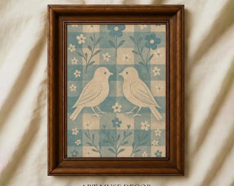 Folk Art Lovebirds Print: Botanical Gingham - Vintage Style