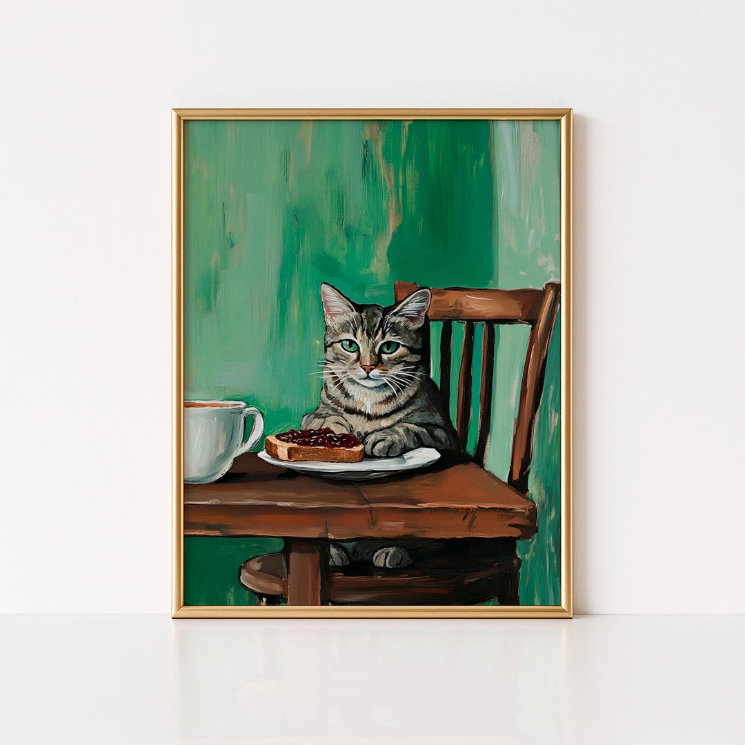 Tabby Cat Wall Art High Tea Vintage Cat Art Green Farmhouse Decor ...