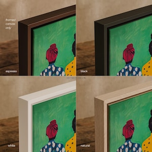 May include: Framed canvas art featuring a green background with figures wearing patterned clothing and head wraps. The artwork is available with espresso, black, white, and natural wood frames. The text "ART MUSE DECOR" is visible.