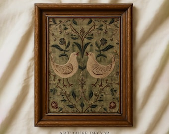 Lovebirds Folk Art Print: Antique Bird Wall Hanging, Vintage Rustic Home Decor