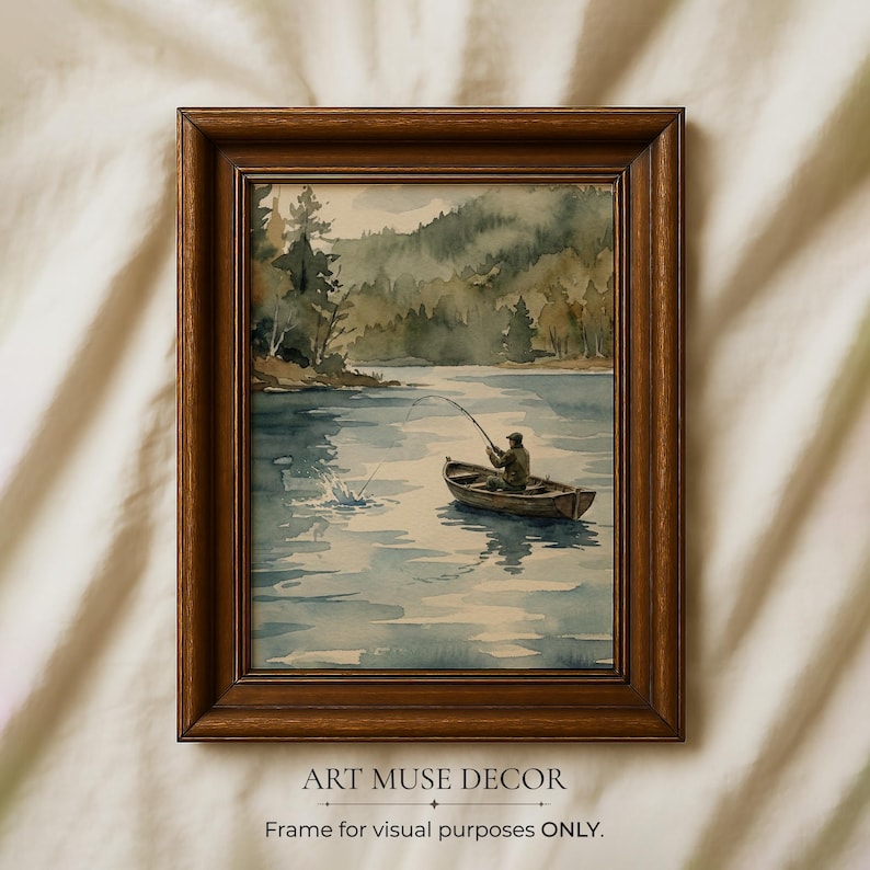 Rustic Fisherman Painting: Vintage Lake Cabin Print, Hunting Wall Art image 1