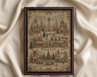 Nostalgische Wandbilder mit Putz-Dörfern, festliche Winterdekoration, Vintage-Weihnachtsdruck