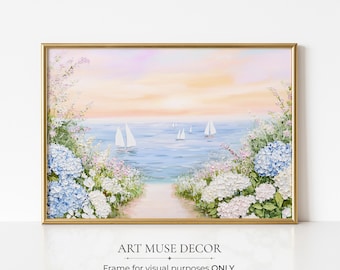 以下が含まれることがあります： 海に浮かぶヨットを描いた、額縁に入った絵画。青と白の花に囲まれた海へと続く小道が描かれています。空はピンクと黄色のグラデーションです。「ART MUSE DECOR」の文字が見えます。