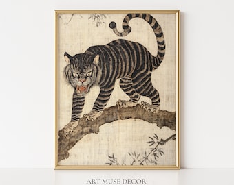 Minhwa Korean Folk Art Print: Tiger Tapestry, Antique Textile Wall Art